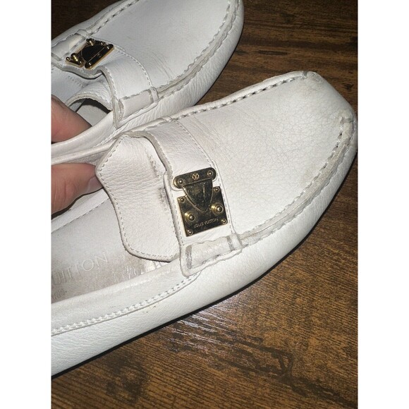 Women’s Louis Vuitton Leather Driving Flats Size 35.5 Size 5 Gold Loafer White - Picture 6 of 8